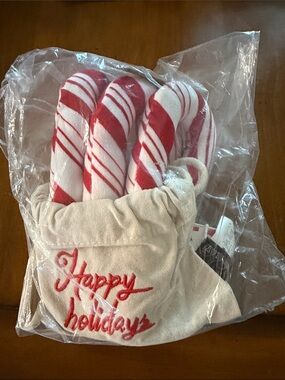 Candy Cane Plush Set with 'Happy Holidays' bag dog toys Christmas pet puppy